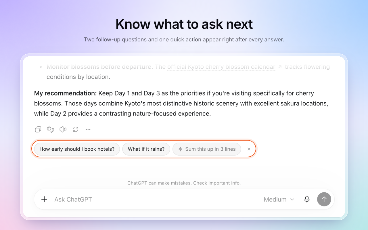 Follow-up questions appear right after the answer